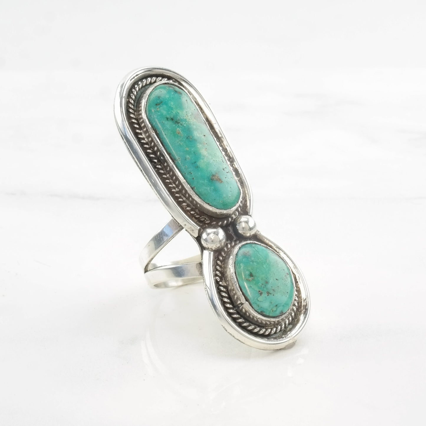 Native American Ring Two Stone, Turquoise Exclamation Point Sterling Silver Size 9