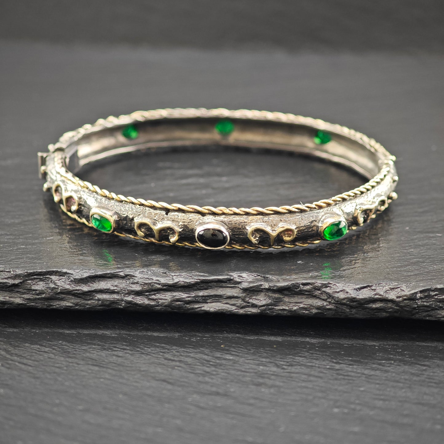 Vintage Aries Emerald Black Onyx  Sterling Silver Bangle 7" 10253142981_8748