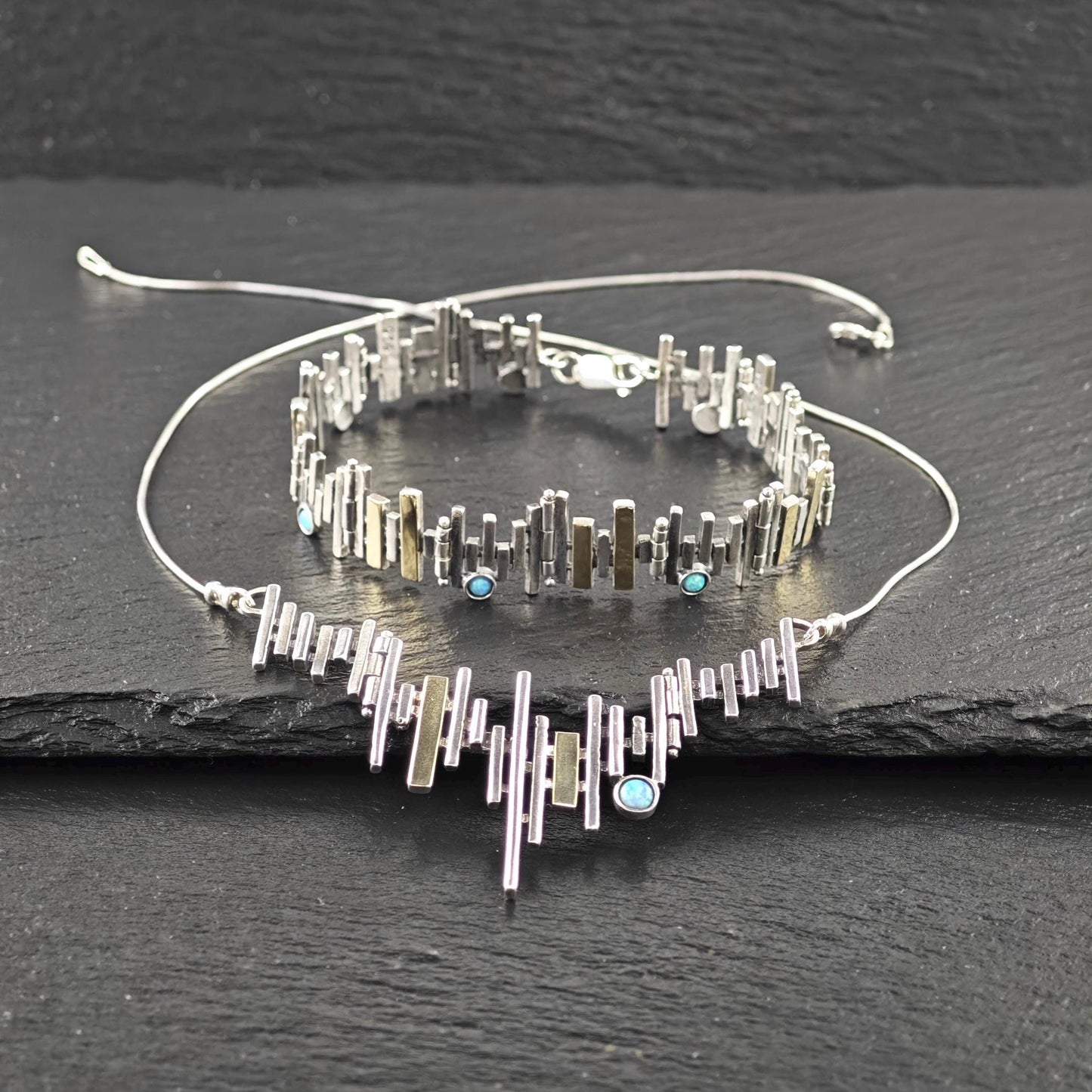 Lab Opal Abstract, Necklace and Bracelet Set Sterling Silver