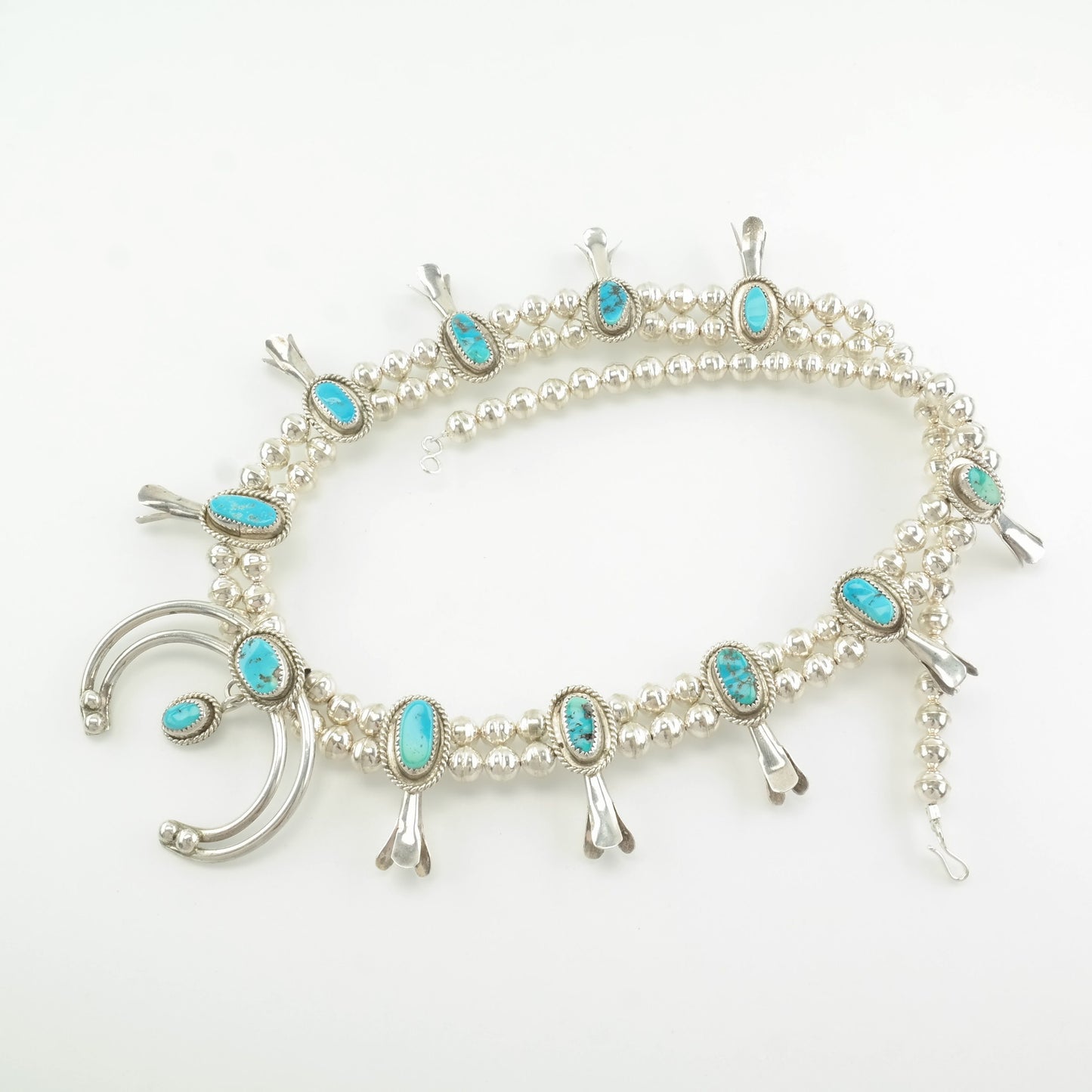 Vintage Native American Sterling Silver Blue Turquoise Sleeping Beauty Squash Blossom Necklace