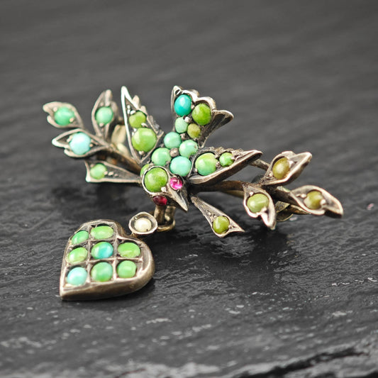 Victorian, Antique Bird, Heart Blue, Green Turquoise, Pink Ruby Brooch Sterling Silver