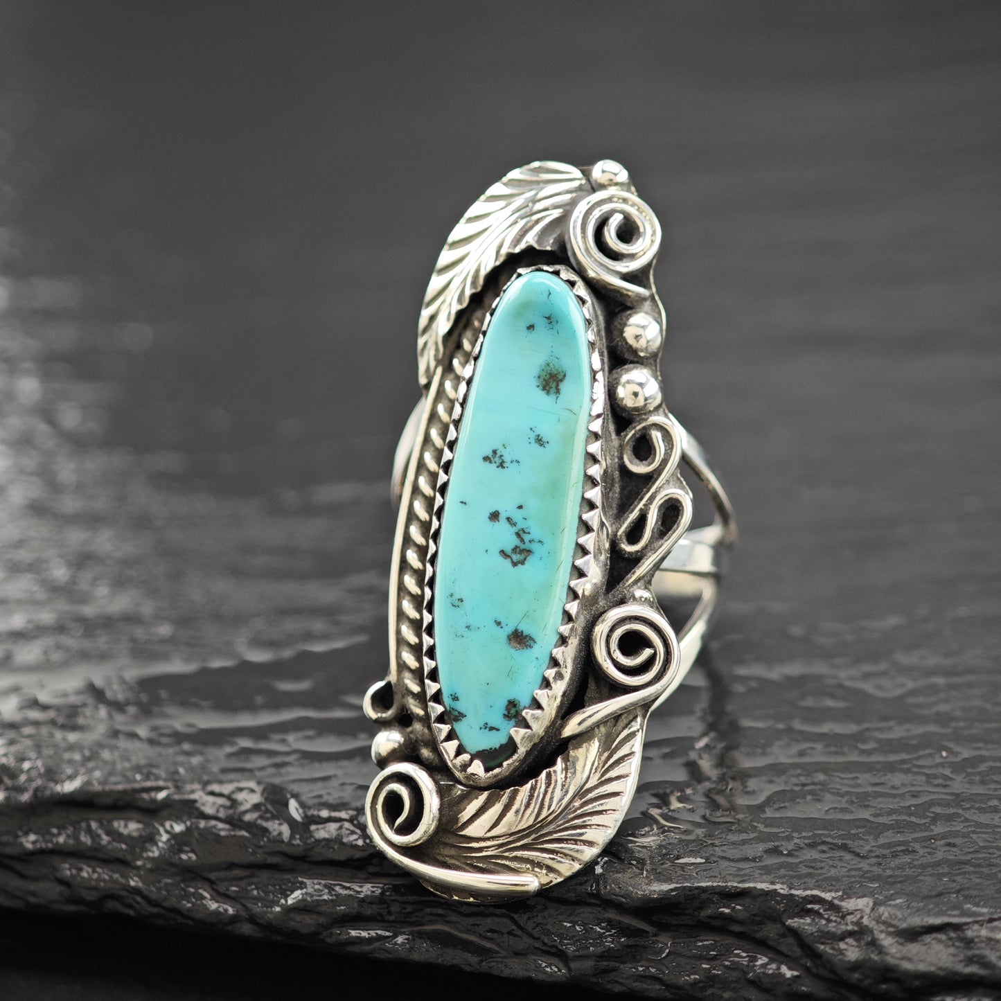 Navajo, J. Morris Long Turquoise Ring Sterling Silver Size 6 3/4