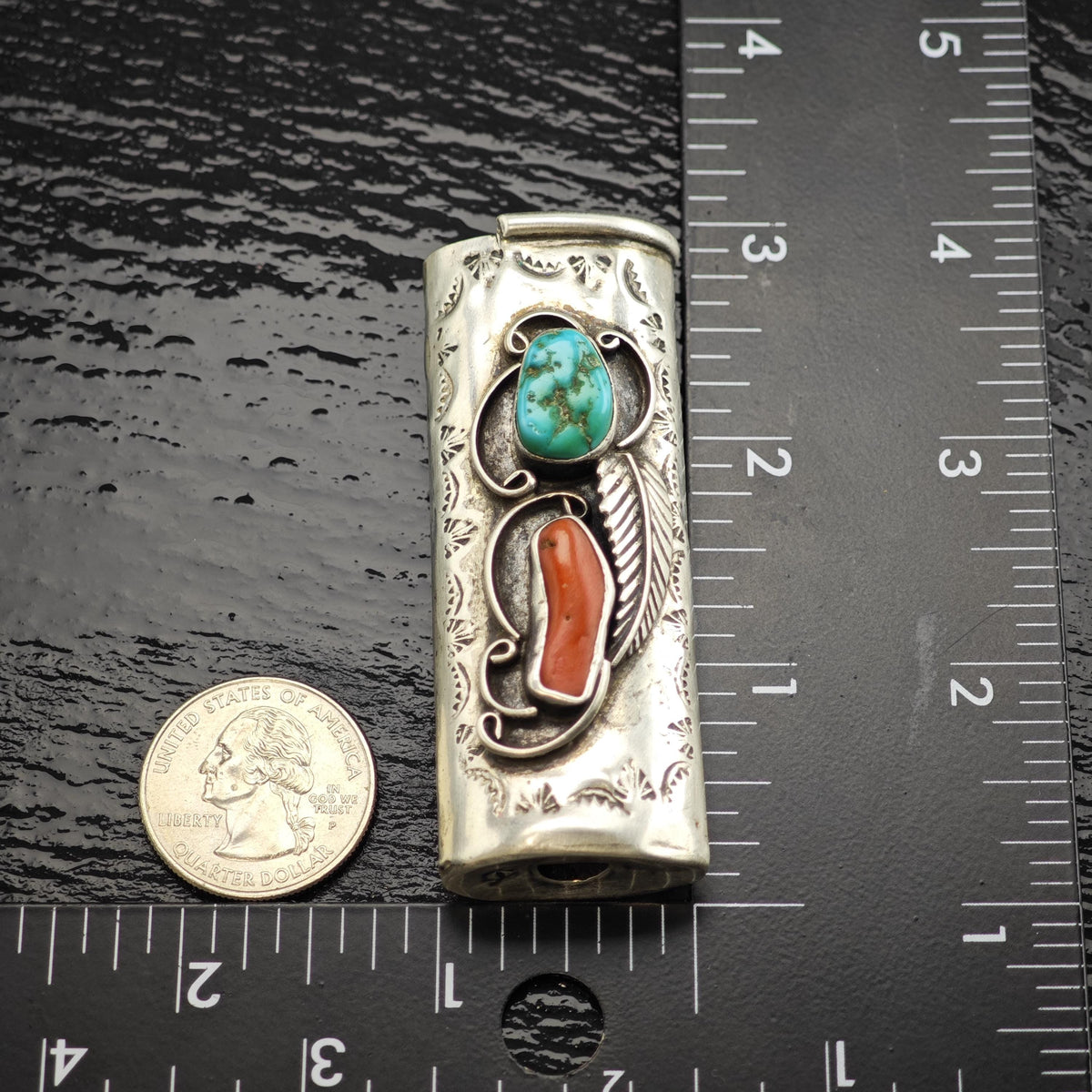 Native American Lighter Cover Turquoise Coral Feather Design Sterling Silver MISC0404