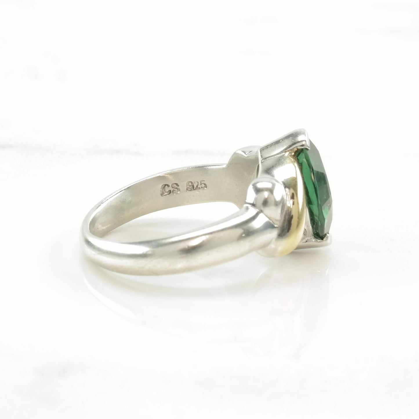 Vintage Sterling Silver Ring Green Gemstone 18K Gold Accent Size 6