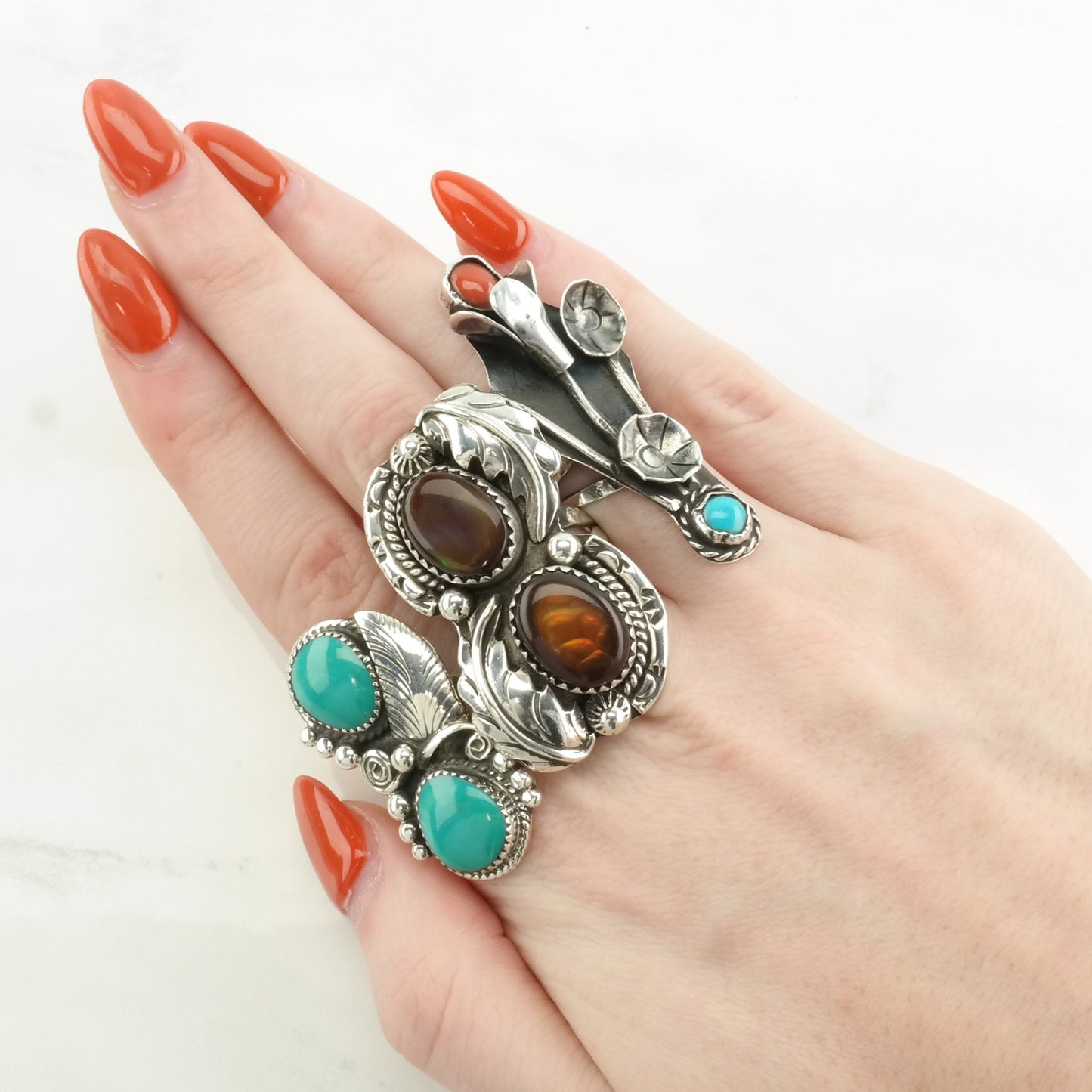 Southwest Silver Ring Turquoise, Coral Floral, Long, Navette Sterling Blue, Red Size 4