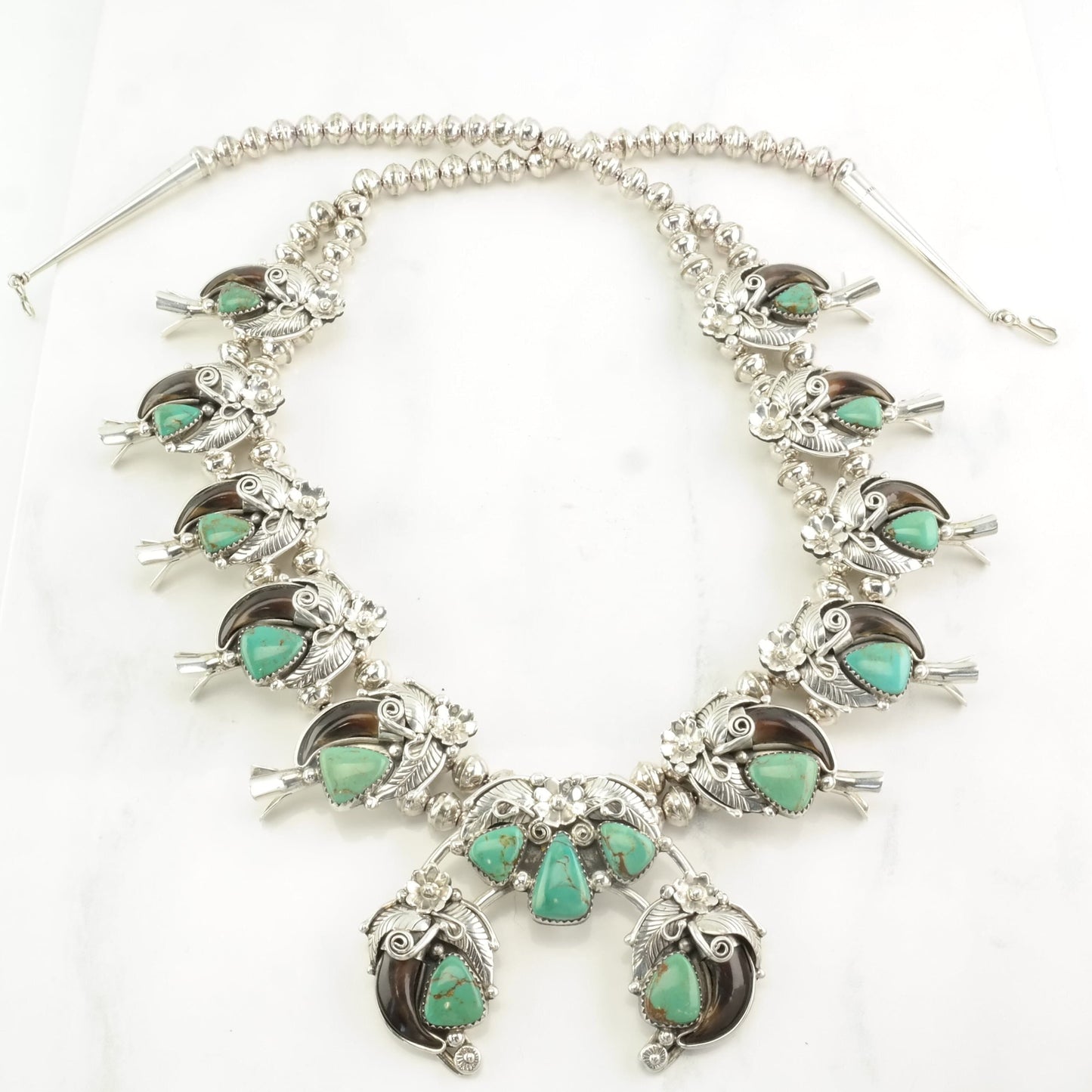 Vintage Native American Sterling Silver Green Turquoise Floral Squash Blossom Necklace
