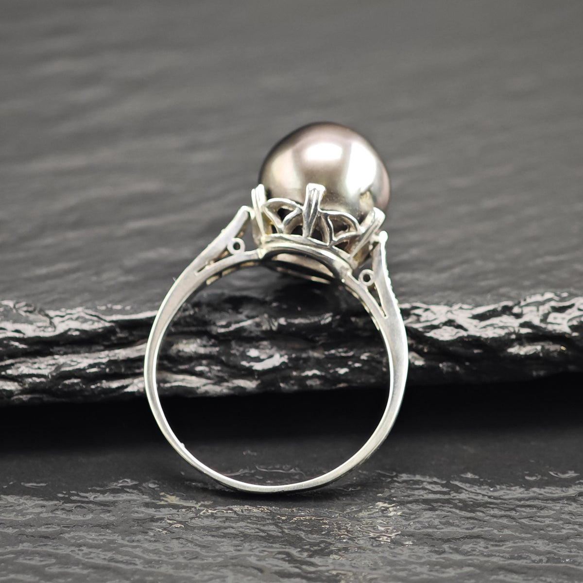 Diamond & 11mm Tahitian Pearl Platinum Ring Sz 7 1/2 R6760