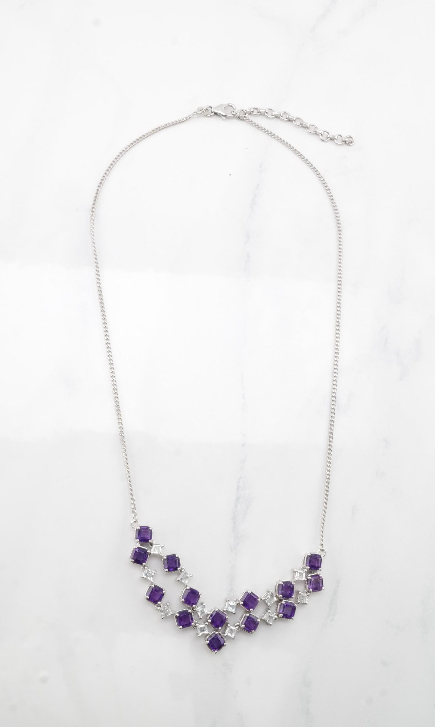 Sterling Silver Amethyst & Topaz Necklace | Geometric Design | Adjustable Length