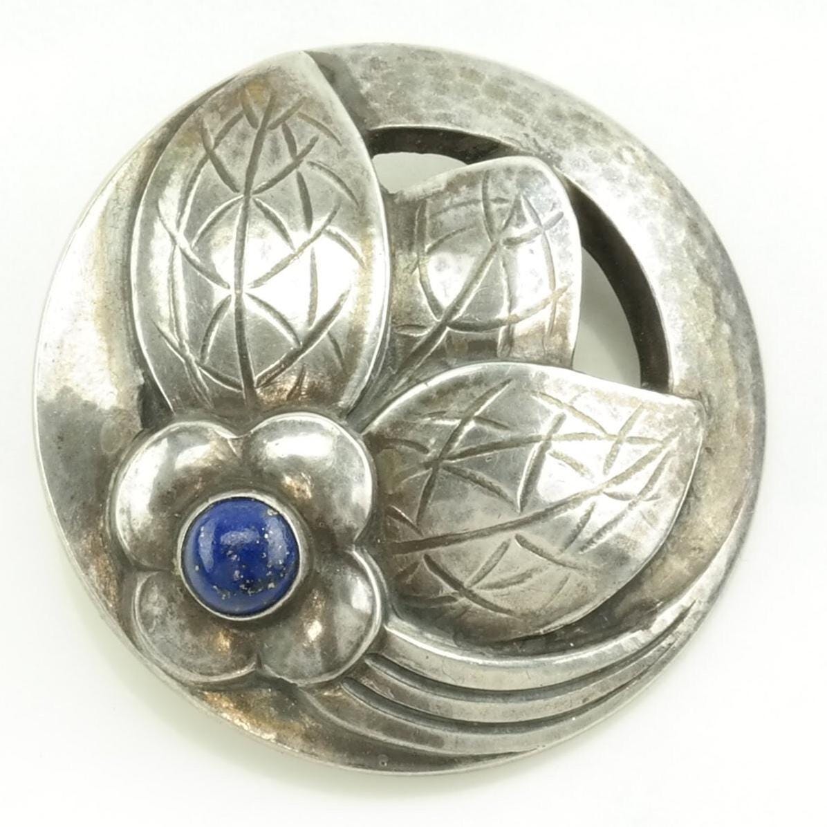 Early Georg Jensen Sterling Silver Brooch Floral Blue Lapis Lazuli