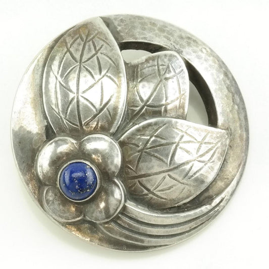 Early Georg Jensen Sterling Silver Brooch Floral Blue Lapis Lazuli