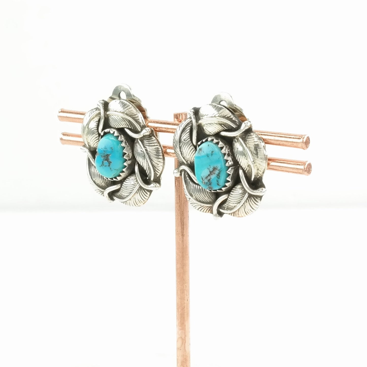 Vintage Sterling Silver Clip on Earrings Native American Blue Turquoise Floral