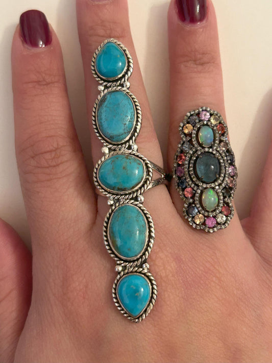Vintage Long Turquoise Silver Ring Sterling Adjustable