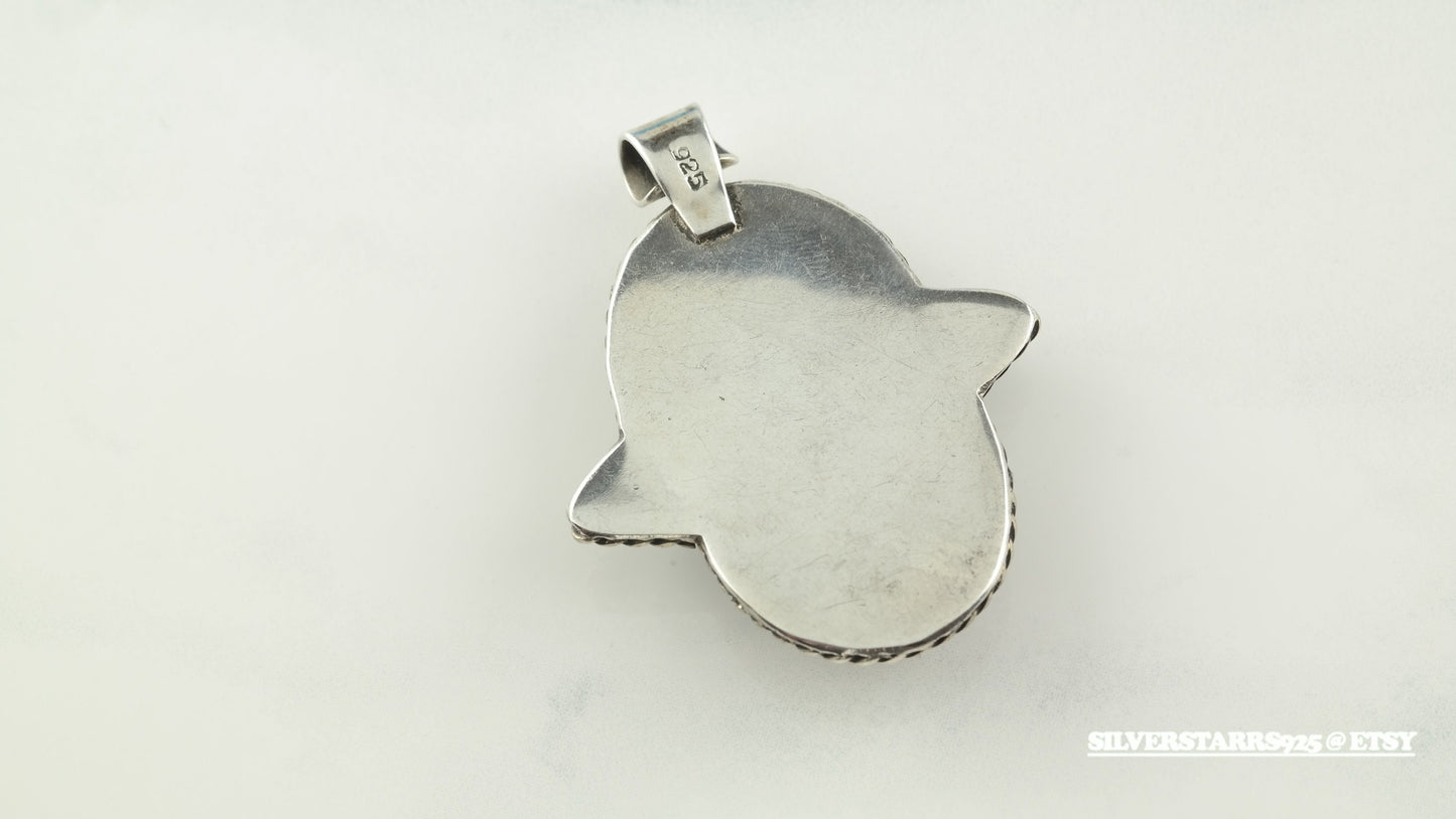 Vintage Jerusalem Stone Hand of Hamsa Sterling Silver Pendant