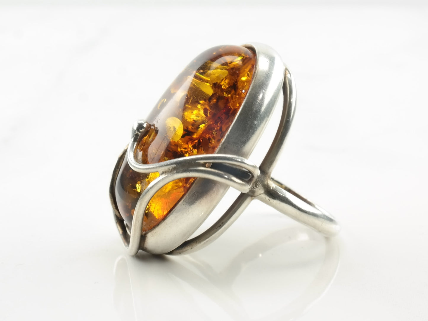 Vintage Sterling Silver Ring Amber Oval Leaf Size 7 3/4