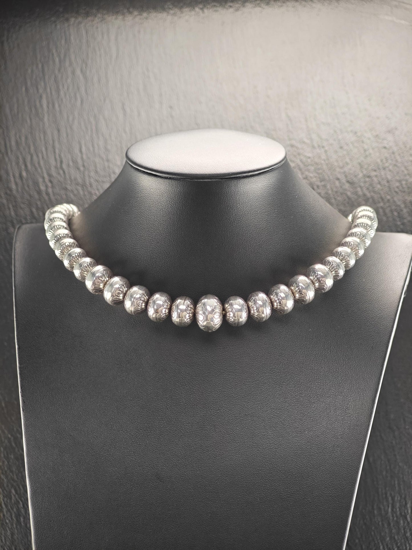 Native 17-8mm, Graduated Stamped Beaded, Necklace Sterling Silver N2512