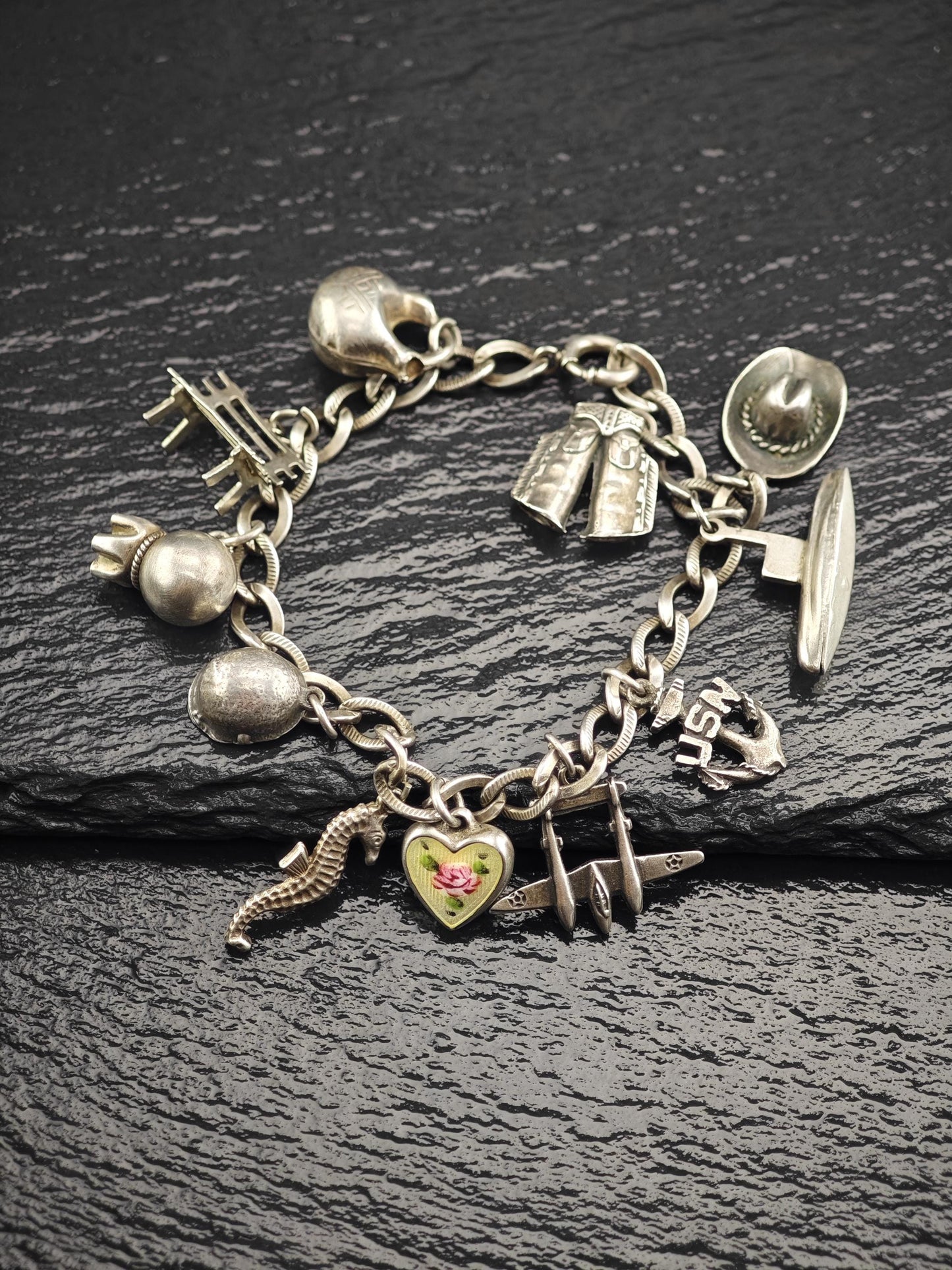 1930's WWII USN, Enamel Heart Charm, Bracelet Sterling Silver