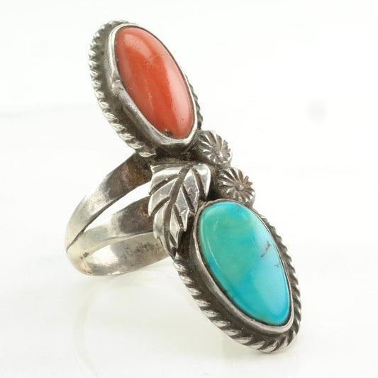 Vintage Native American Silver Ring Turquoise, Coral Floral Sterling Blue, Red Size 9 1/2