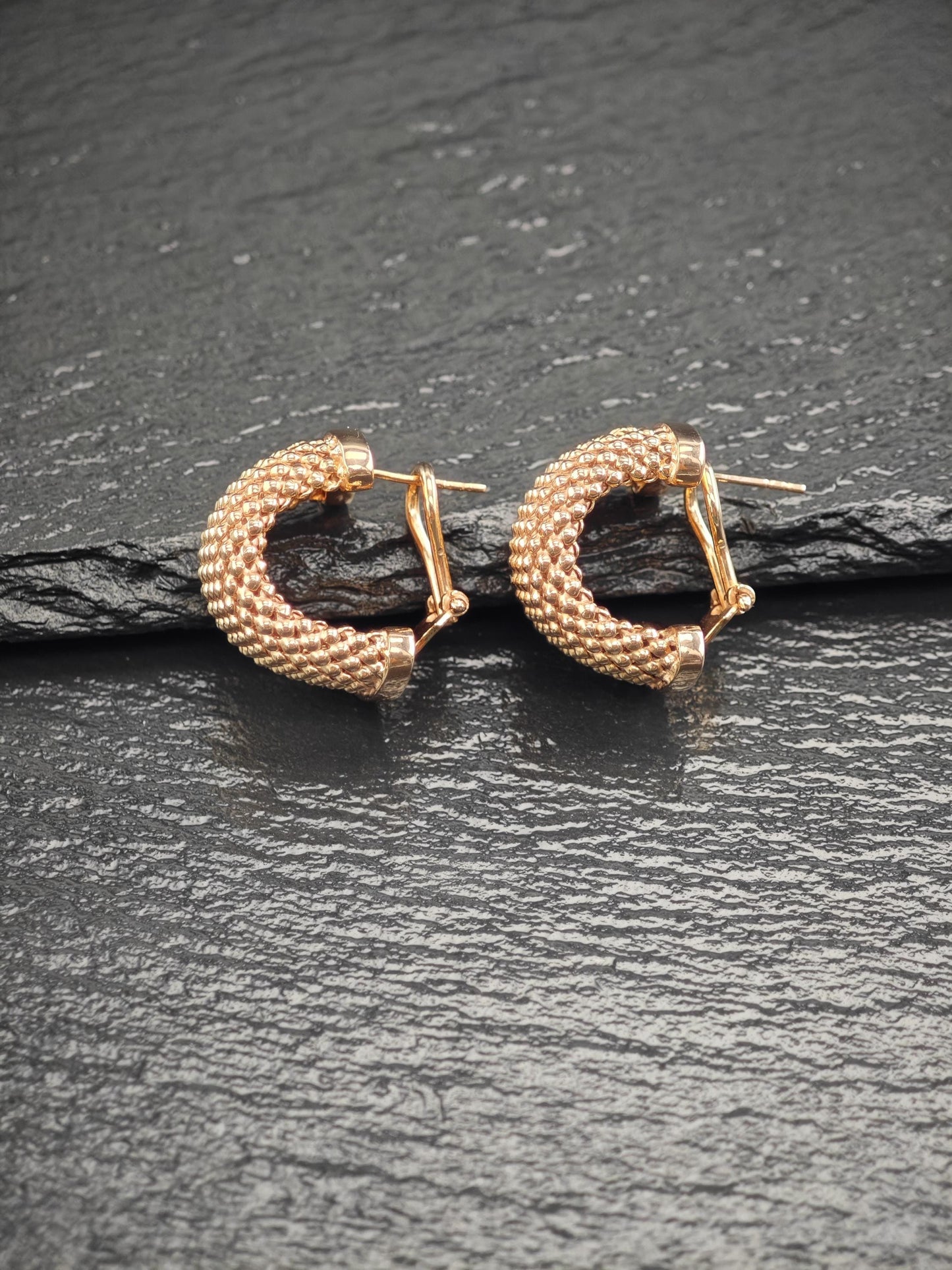 Italy Rose Gold Mesh C Hoop Sterling Silver Omega Back Earrings