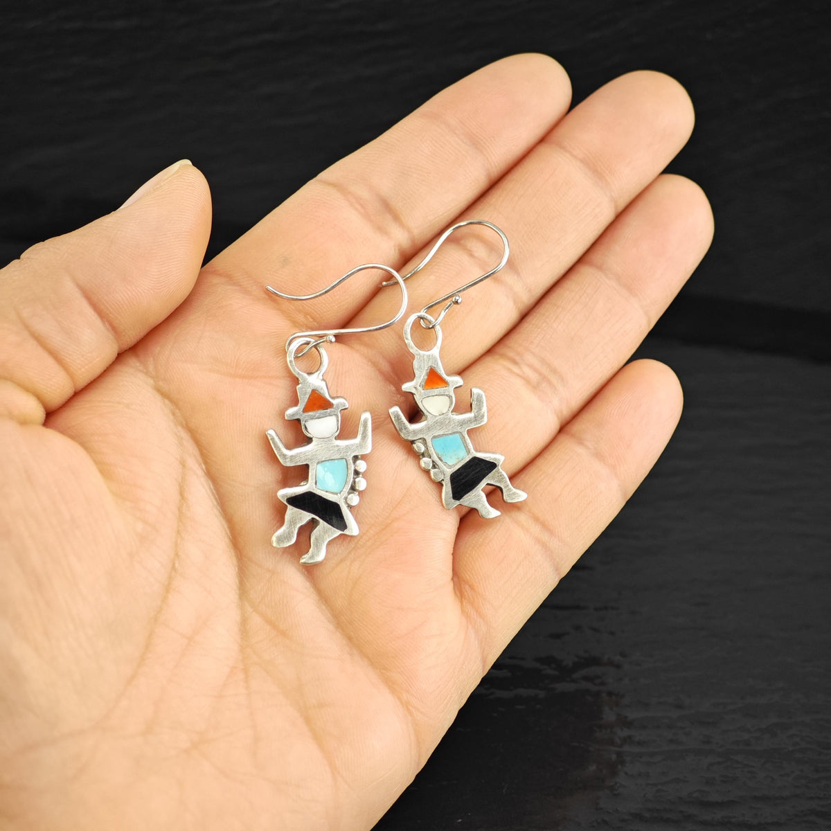 Native American Kachina Multistone Inlay Sterling Silver Dangle Earrings ER3212