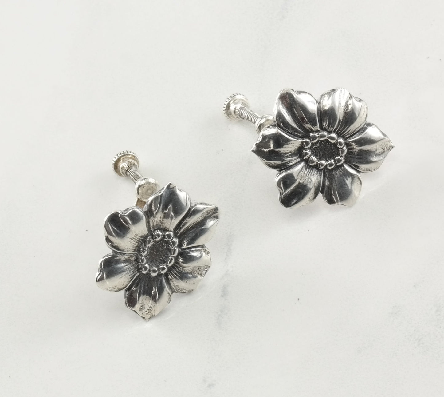 Art Nouveau Silver Flower Earrings Screw Back Clip-On