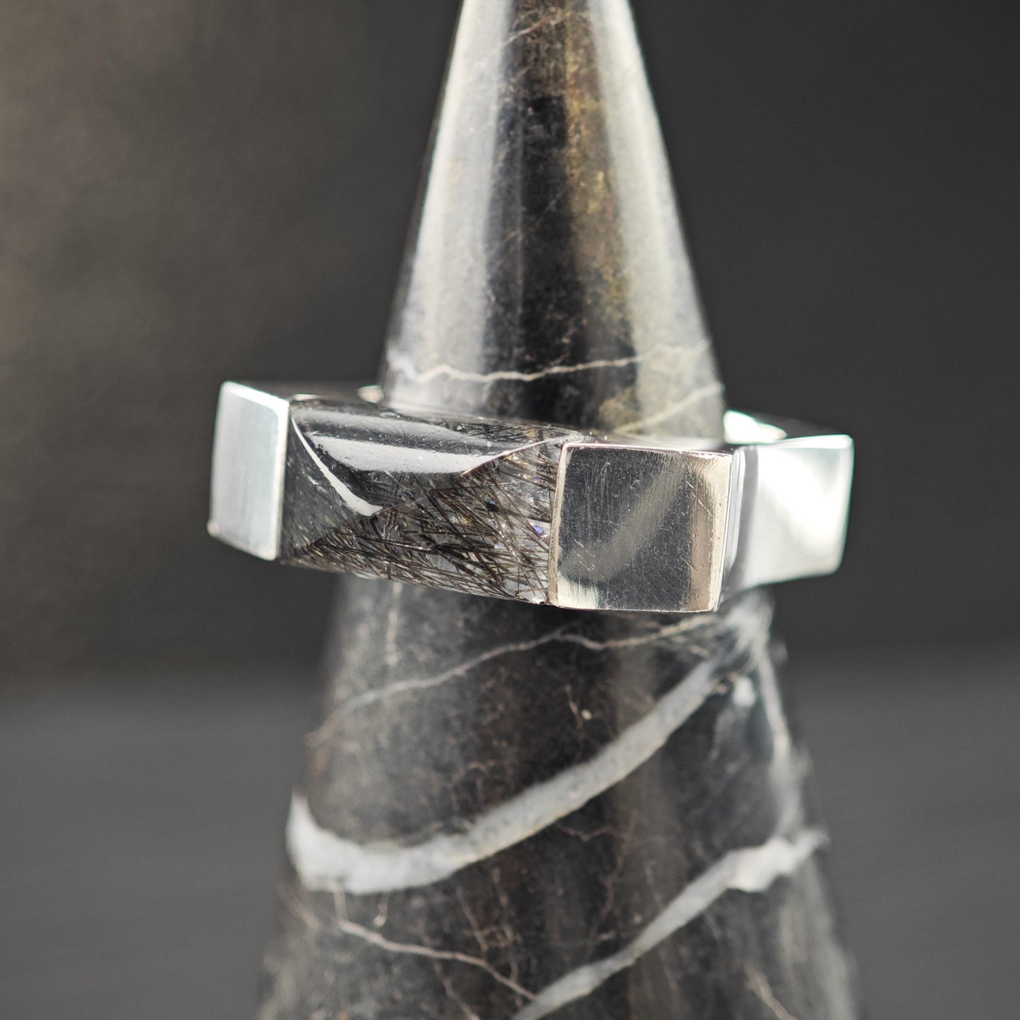 Black Rutilated Quartz Abstract Ring Sterling Silver Sz 8