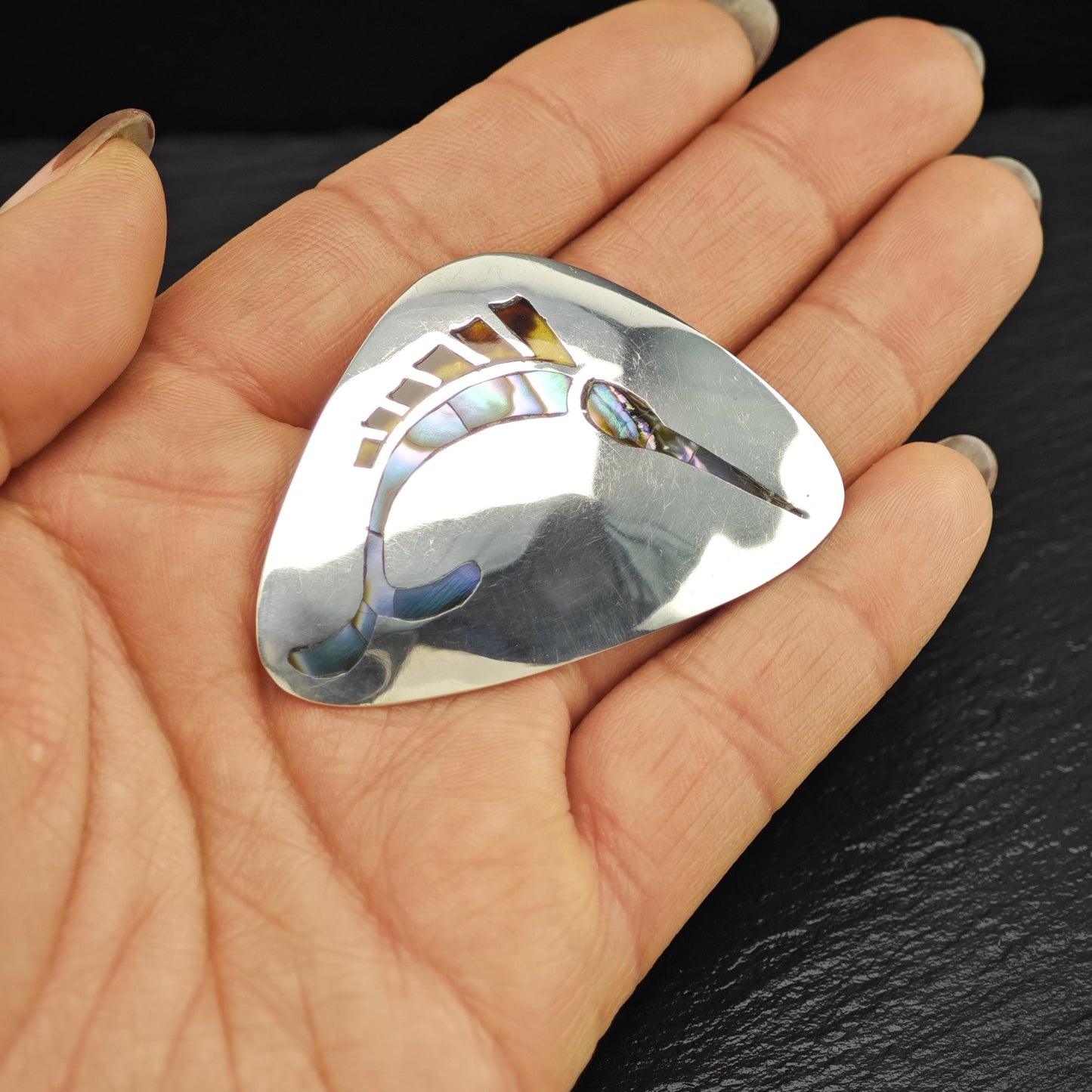 Taxco Sterling Silver Brooch/Pendant: Inlay Multi-color Swordfish B2139