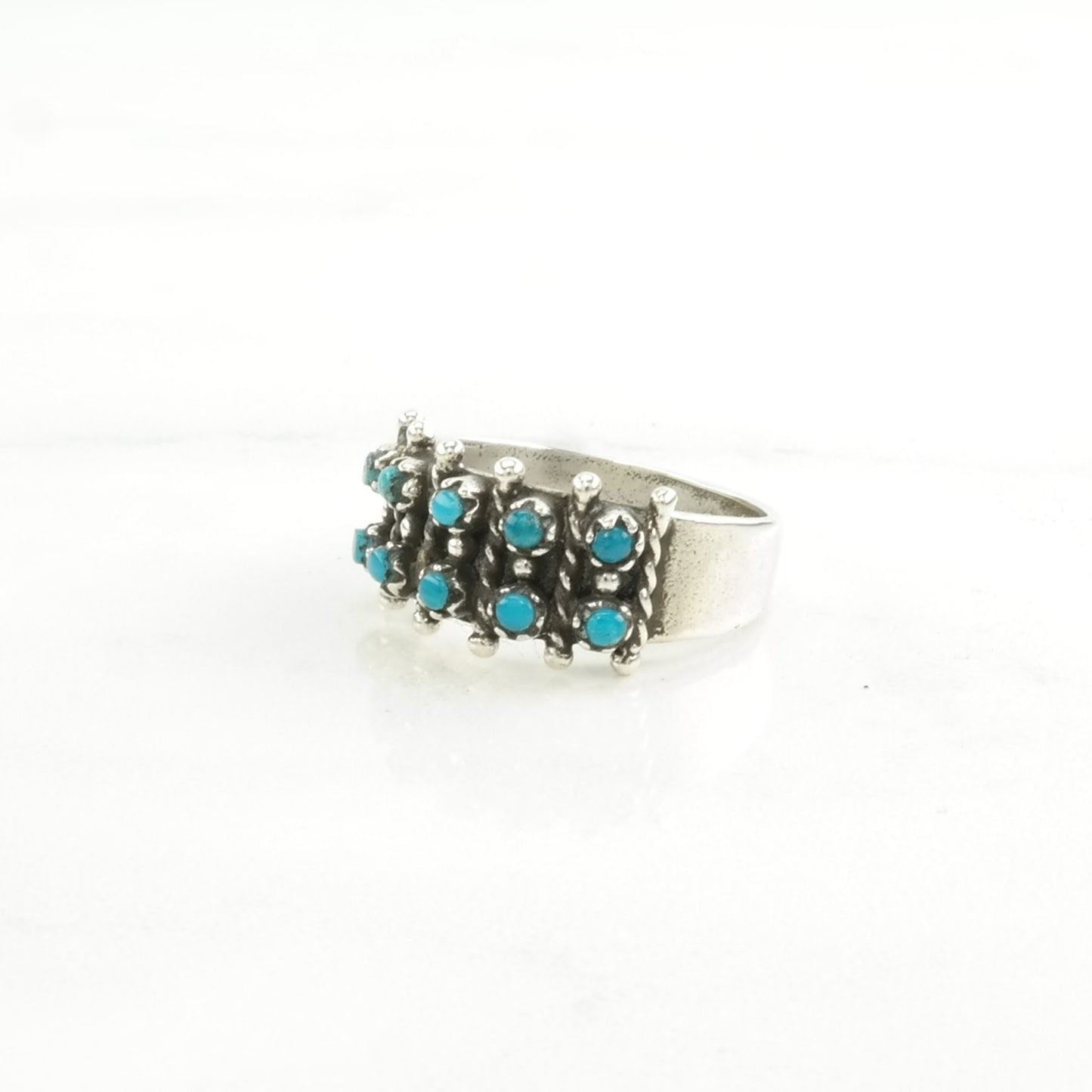 Southwest Silver Ring Turquoise Two Row Sterling Blue Size 6 3/4