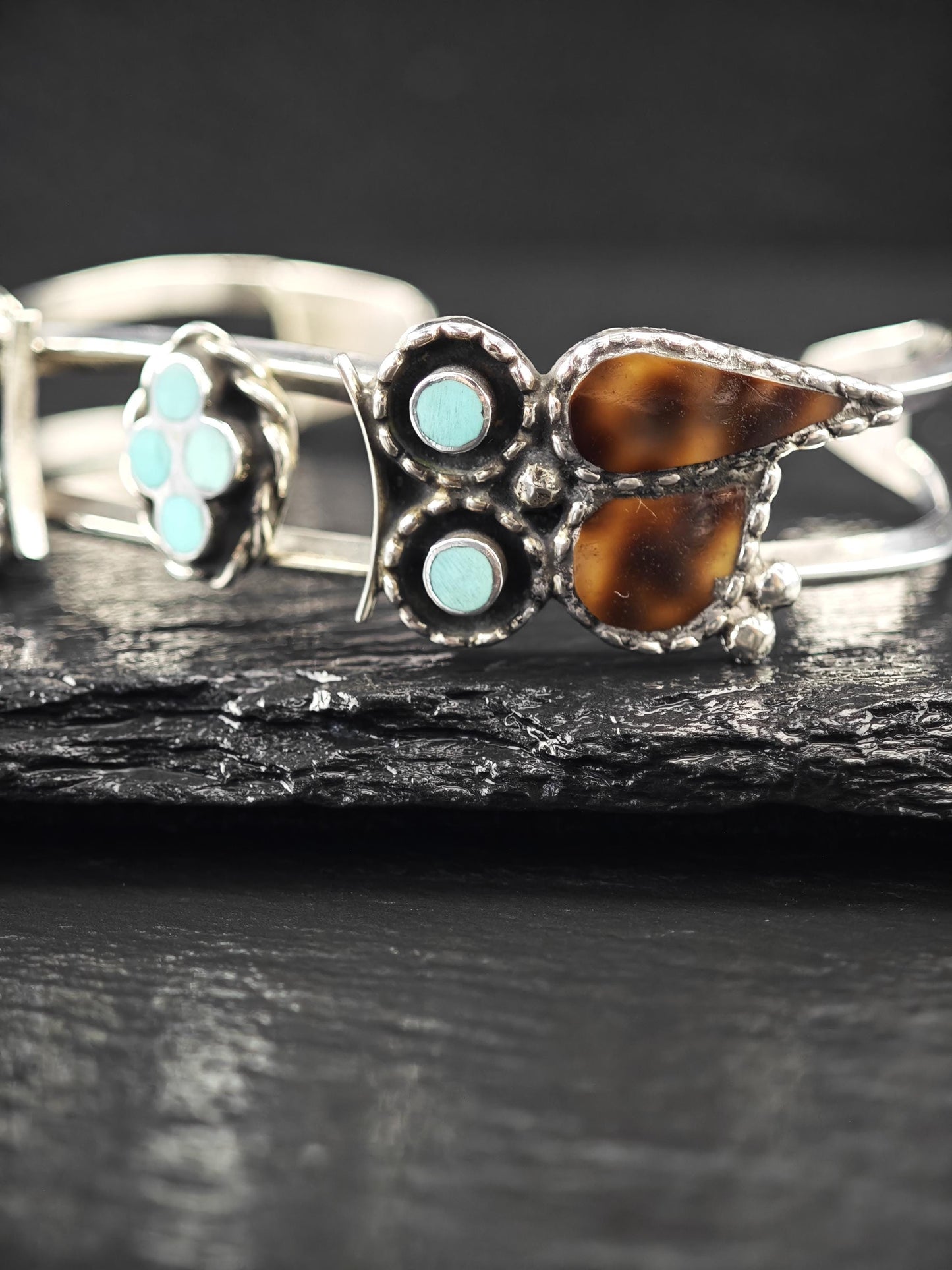 Zuni Native American Owl, Turquoise Inlay Cuff Bracelet Sterling Silver