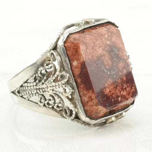 Art Deco Ring Filigree Brown Gemstone Sterling Silver Size 9 1/4