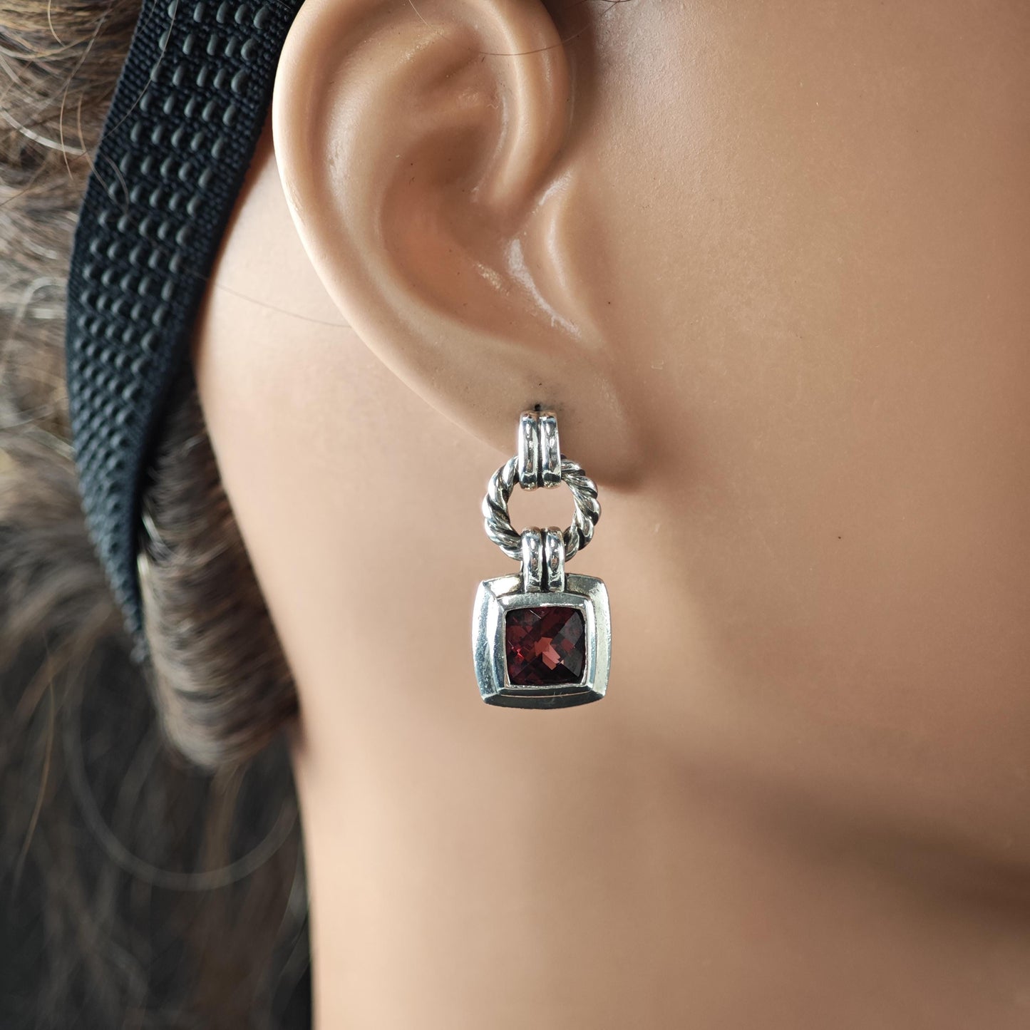 Vintage David Yurman Red Garnet, Two-tone, 10k & 14K Gold Post Sterling Silver Stud/Dangle Earrings