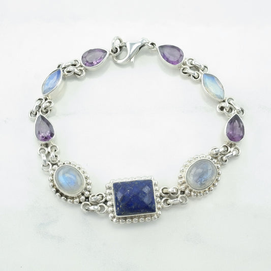 Nicky Butler Sterling Silver Link Bracelet Blue, Purple Lapis Lazuli, Moonstone, Amethyst