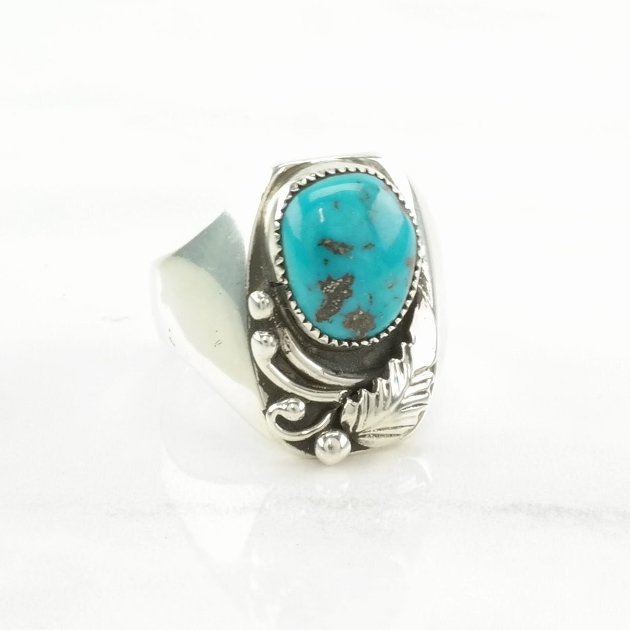 Native American Silver Ring Turquoise Leaf Sterling Blue Size 12