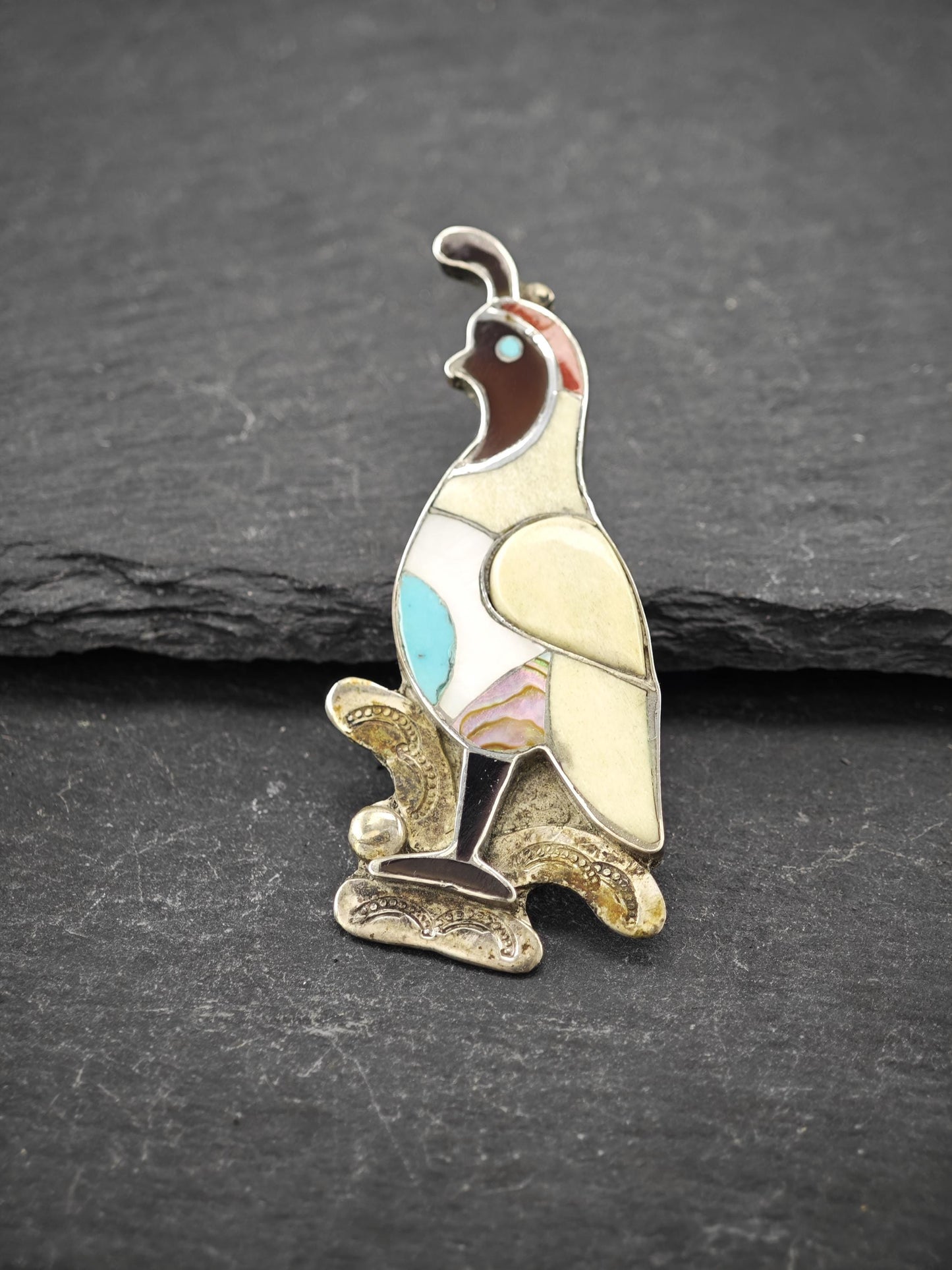 Quail, Zuni Inlay, Native American Sterling Silver Brooch Pendant