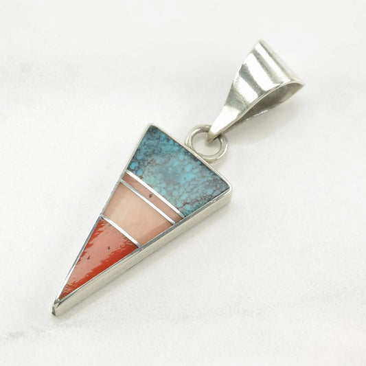 Vintage Native American Turquoise, Multi Gem Inlay Sterling Silver Pendant P2234