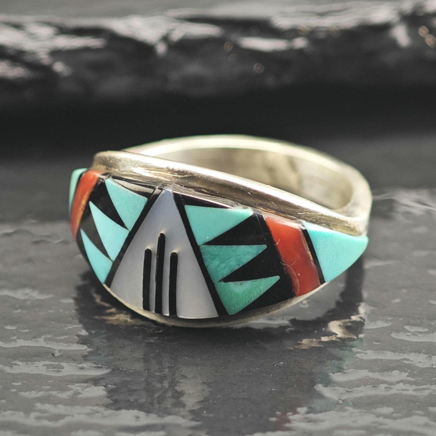 Vintage Zuni Multistone Inlay Band Sterling Silver Ring Sz 7 1/2 R6664