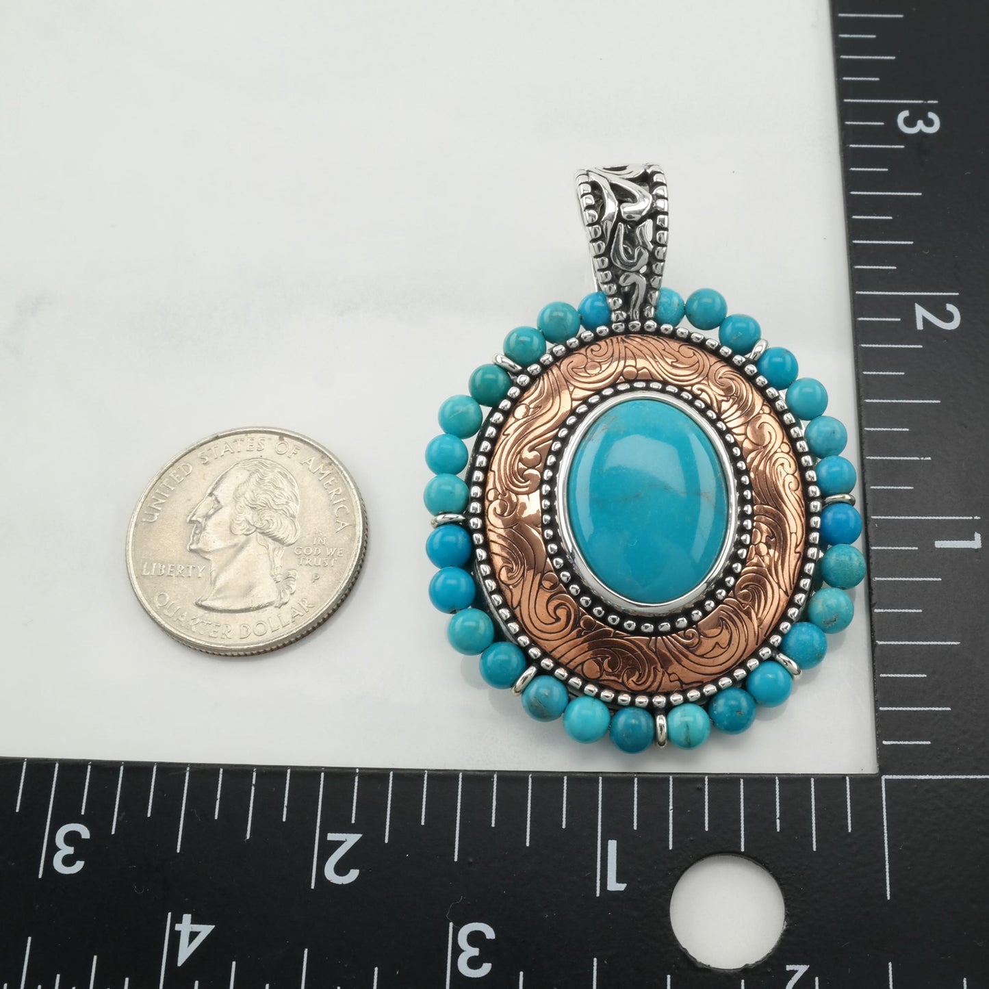 Small Dent Vintage Carolyn Pollack Turquoise Pendant Copper Filigree Sterling Silver