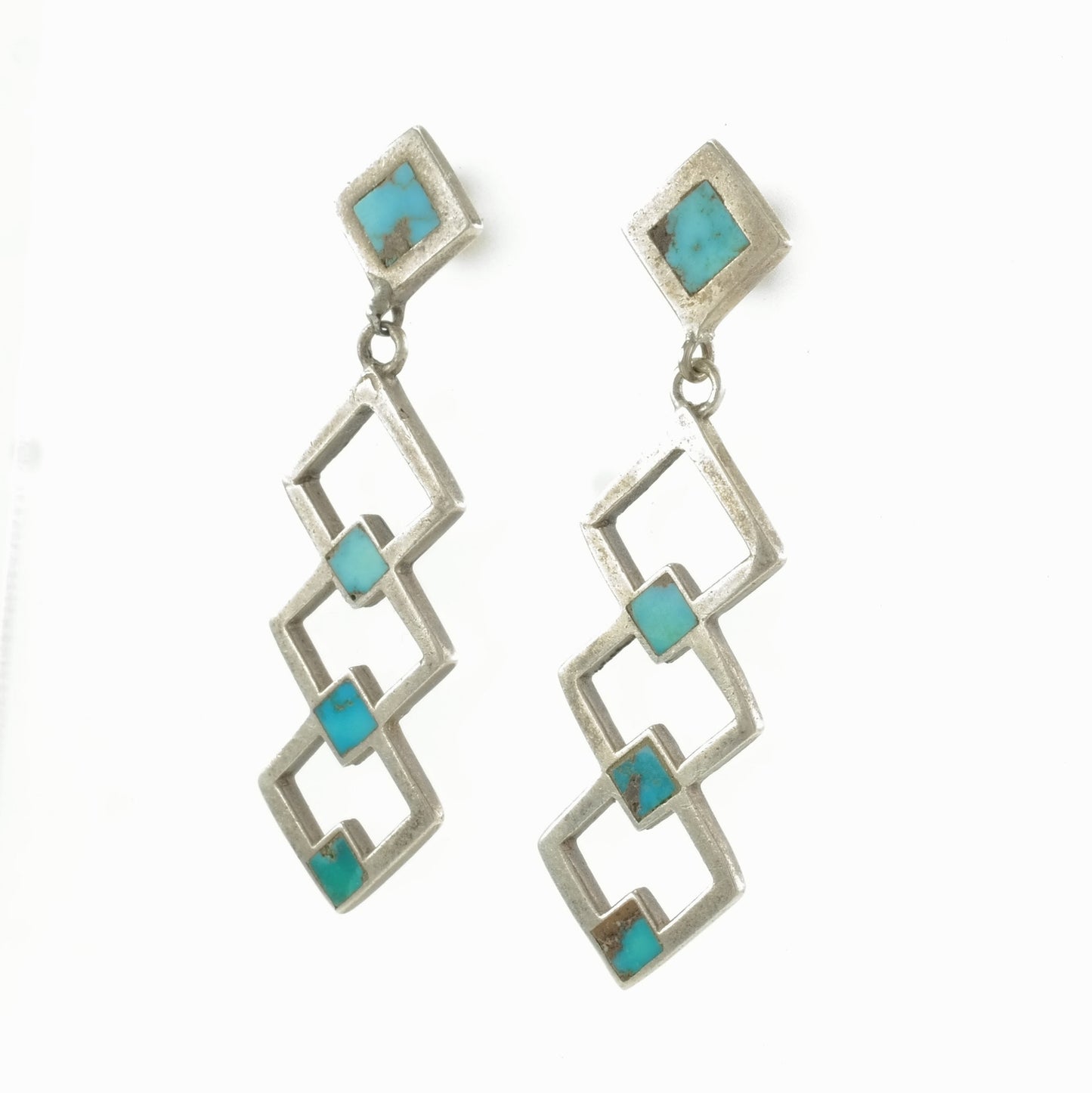 Historic Zuni Bisbee Turquoise Inlay Sterling Silver Stud Dangle Earrings