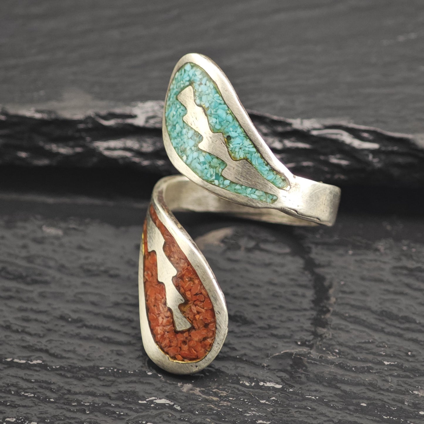 Native American Turquoise & Coral Inlay Bypass Sterling Silver Ring Sz 8 1/2 R6658