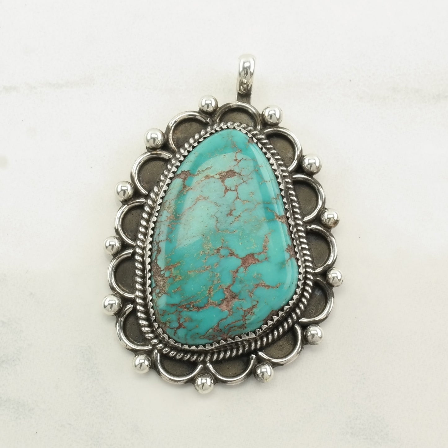 Native American Spiderweb Turquoise Scallop Sterling Silver Pendant