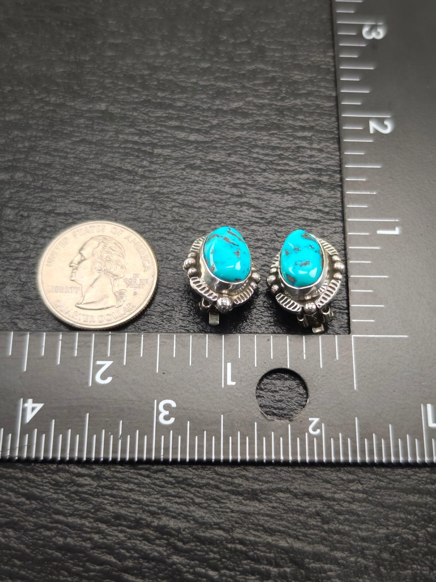 Native American Blue Turquoise Clip-On Earrings Sterling Silver Oval Design