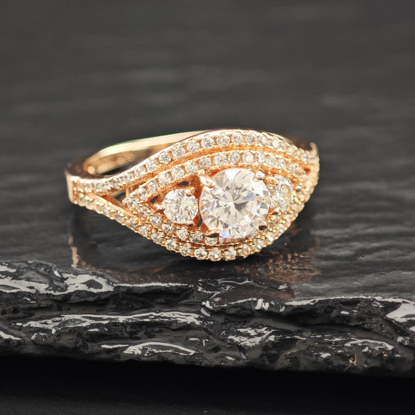 CZ 14K Rose Gold Plated Ring Sterling Silver Sz 8 3/4 R6165
