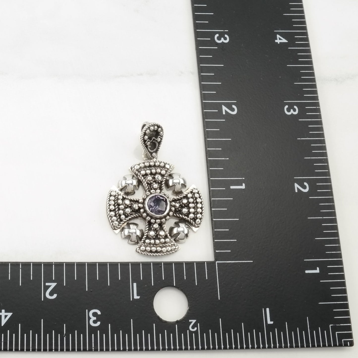 Vintage Created Alexandrite Jerusalem Cross Sterling Silver Pendant