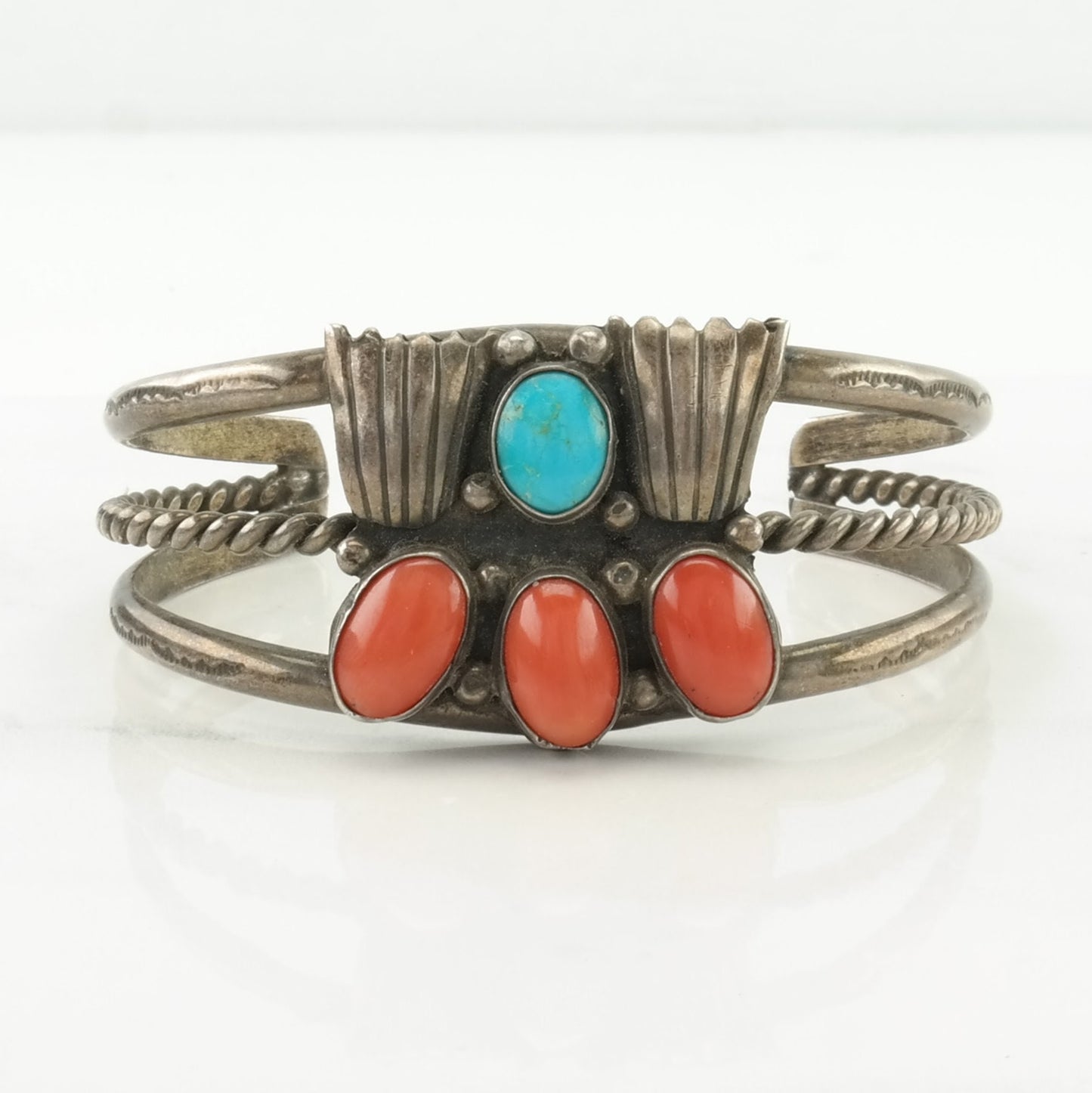 Native American Sterling Silver Cuff Bracelet Red, Blue Coral, Turquoise