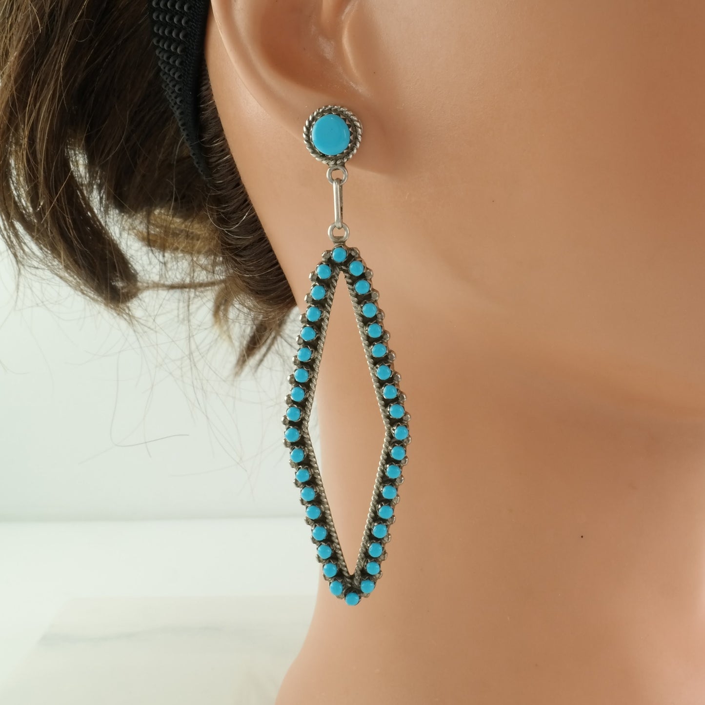 Native American Sterling Silver Blue Turquoise Petit Point, Long Earrings Stud, Dangle