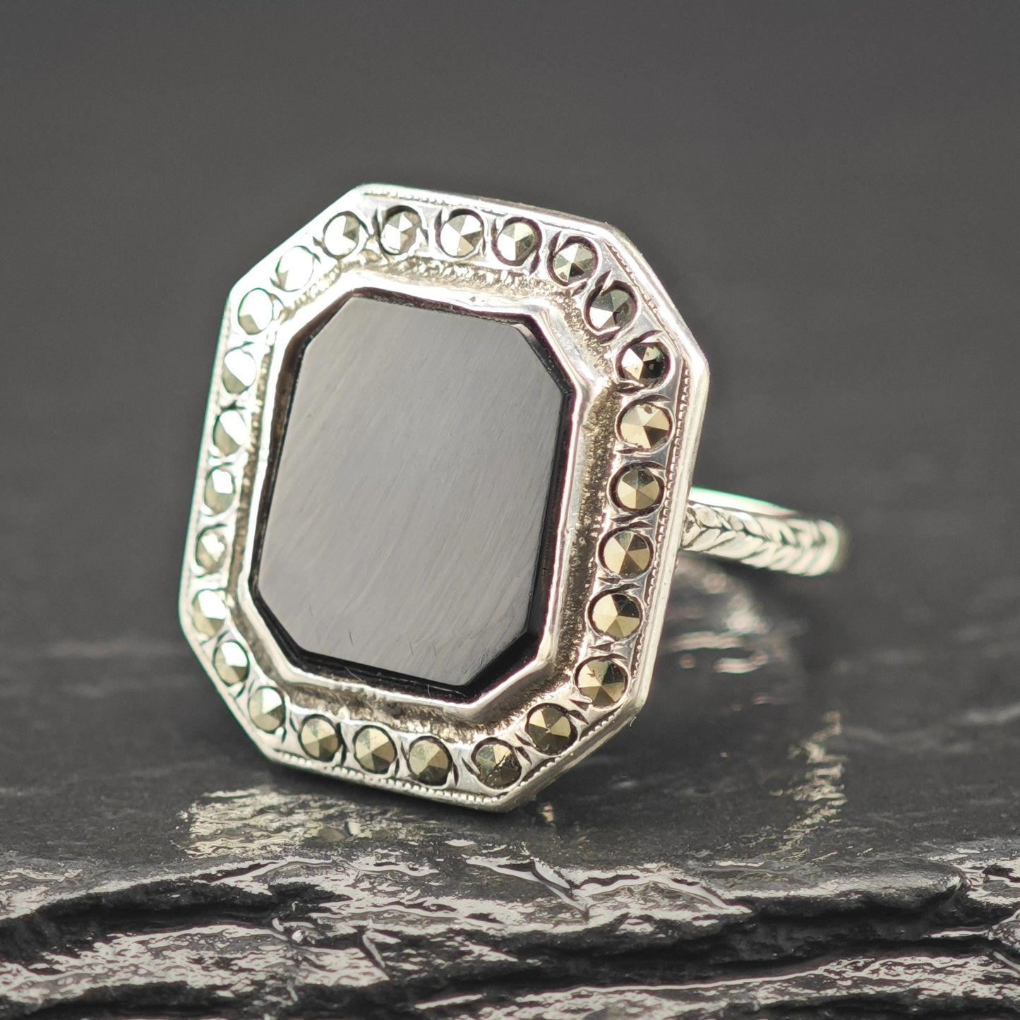 Art Deco Style, Squared Onyx Marcasite Ring Sterling Silver