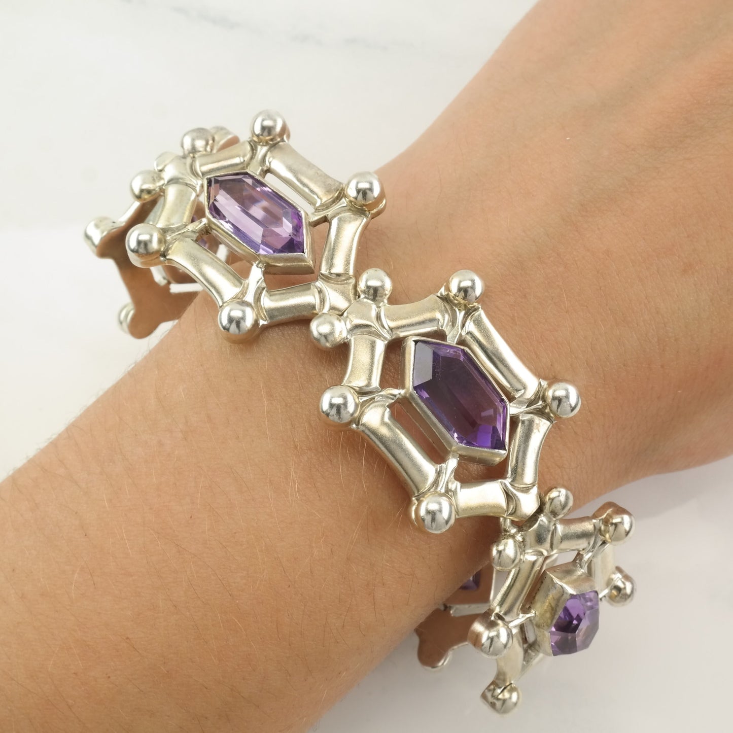 Taxco Sterling Silver Link Bracelet Purple Amethyst