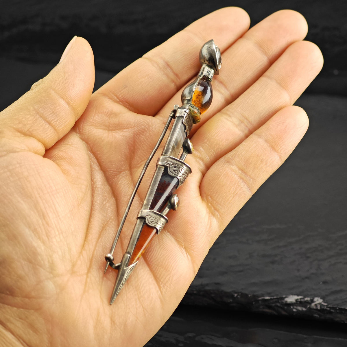 Scottish Agate, Citrine Spire Dirk Kilt Brooch Sterling Silver B2248