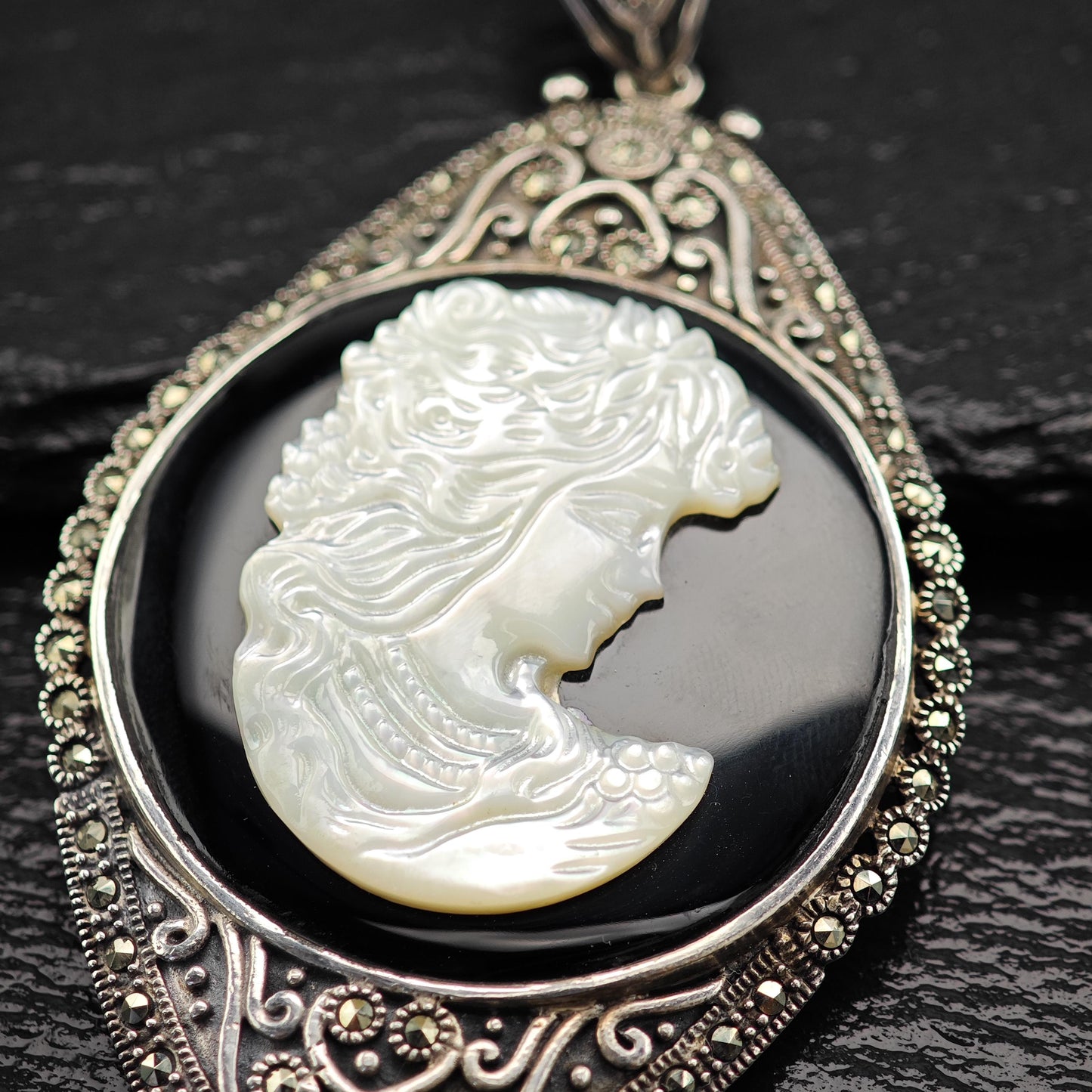 Cameo Pendant in Sterling Silver with MOP Onyx Marcasite P2755