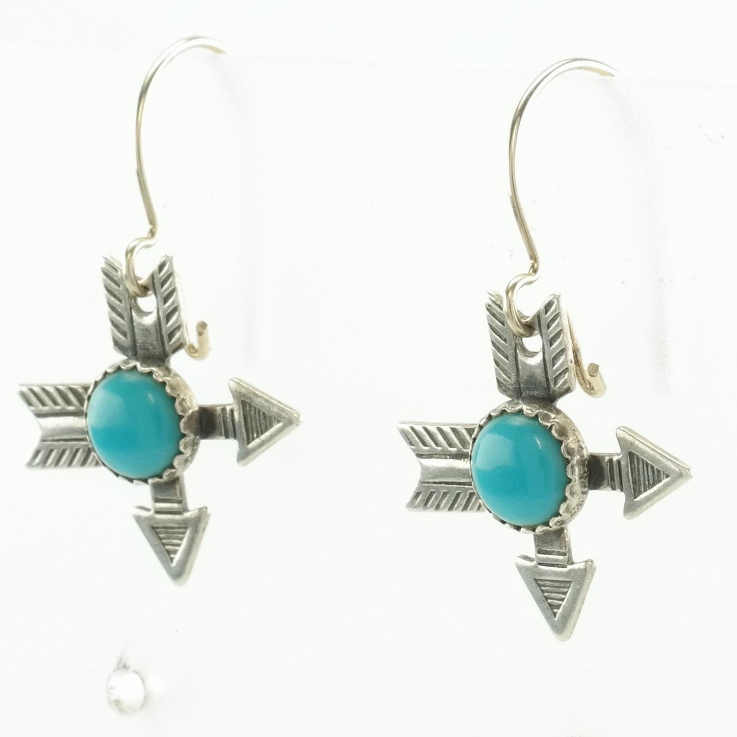 Fred Harvey Era Sterling Silver Blue Block Turquoise Arrow Earrings Fish Hook, Dangle