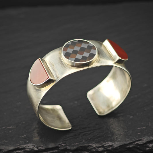 GFMW Mid Century Silver Cuff Bracelet Carnelian Checkered Sterling
